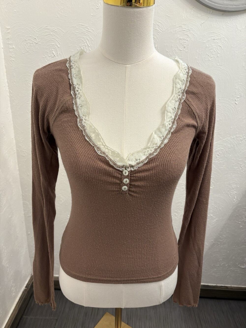 Out From Under Diana Layering Lace-trim Henley Top Size Small Brown Vneck
